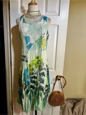 Cativa Wms Green Blue Mesh Sheer Floral Asymmetric Summer Boho Tank Midi Dress M